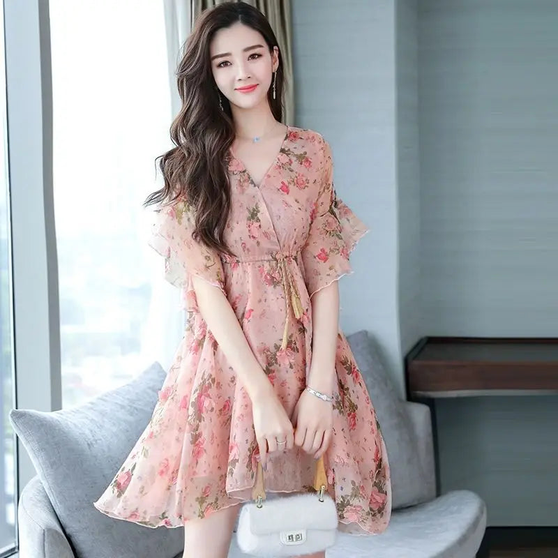 Chiffon Floral V-neck Ruffle Woman Dress Promotion Elegant and Pretty Korean Style Fashion Summer 2025 Chic Dresses for Women