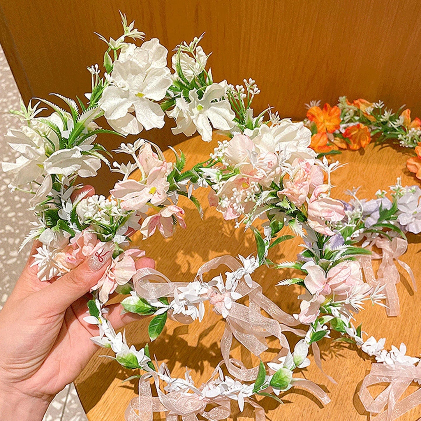 Boho Women's Flower Crown Forest Elf Fairy Floral Hair Hoop Handmade Simulation Ribbon Flower Headband Exquisite Hair Accessory