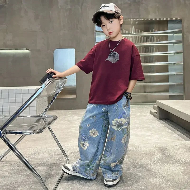 Boys' Summer Outfit Sets New Style Children's Short Sleeved T-shirt Long Pants Two-piece Suits Big Children's Stylish Sets