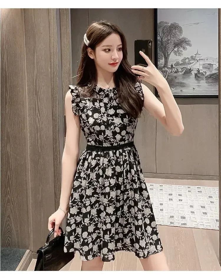 Neck Gauze Mesh Slim Sleeveless Floral Dress Women's New Style Spliced round