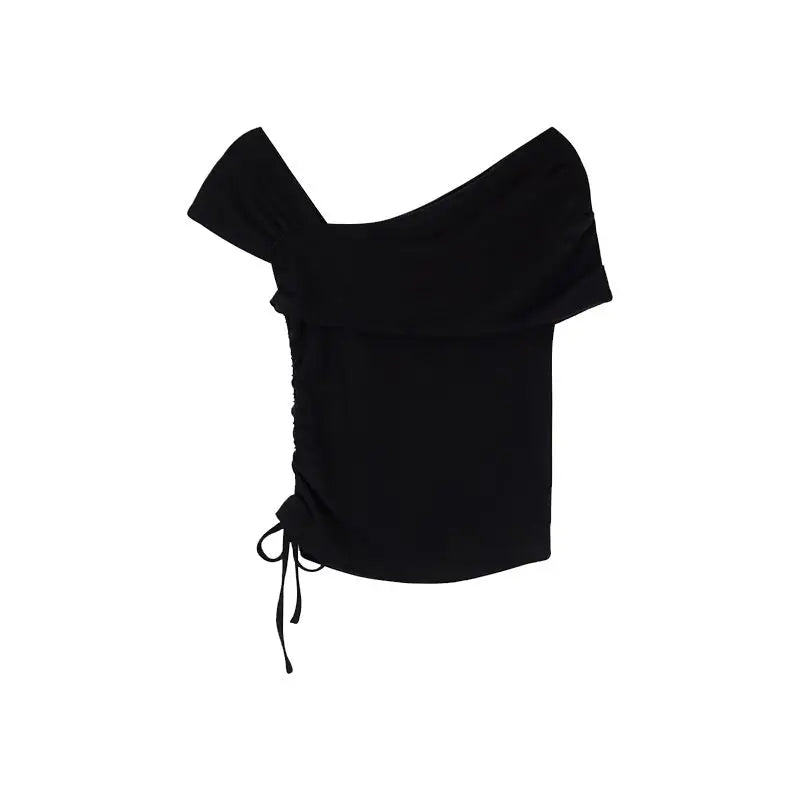 Skew Collar T-shirts Women Temperament Summer Sexy Lady Fashion Solid High Street Short Sleeve Hotsweet Club Slim Feminine Tees