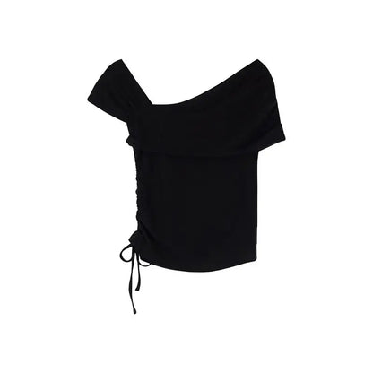 Skew Collar T-shirts Women Temperament Summer Sexy Lady Fashion Solid High Street Short Sleeve Hotsweet Club Slim Feminine Tees