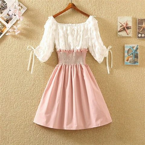 Women Summer French Style Elastic Waist Dress Korean Edition New Splicing Design Slim Half Sleeve Fairy Knee-length Dresses