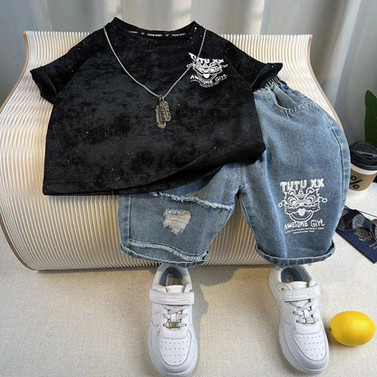 Korean Children's Summer Clothes Kids Set Outfits Boys 2025 Handsome Sleeveless&Short Sleeved T-shirt Denim Shorts 2-piece Set