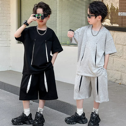 American Kids Design Double Cotton Gauze Clothing Set For Teenage Boy Casual Summer Top and Bottom Clothes Set Child Tracksuit