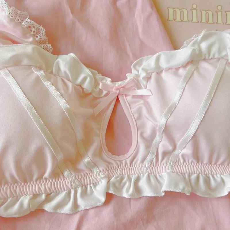 Japanese Lolita Underwear Women's Small Chest Gathering Without Underwire Sexy Bra Soft Comfortable Thin Underpants Bra Set Gift