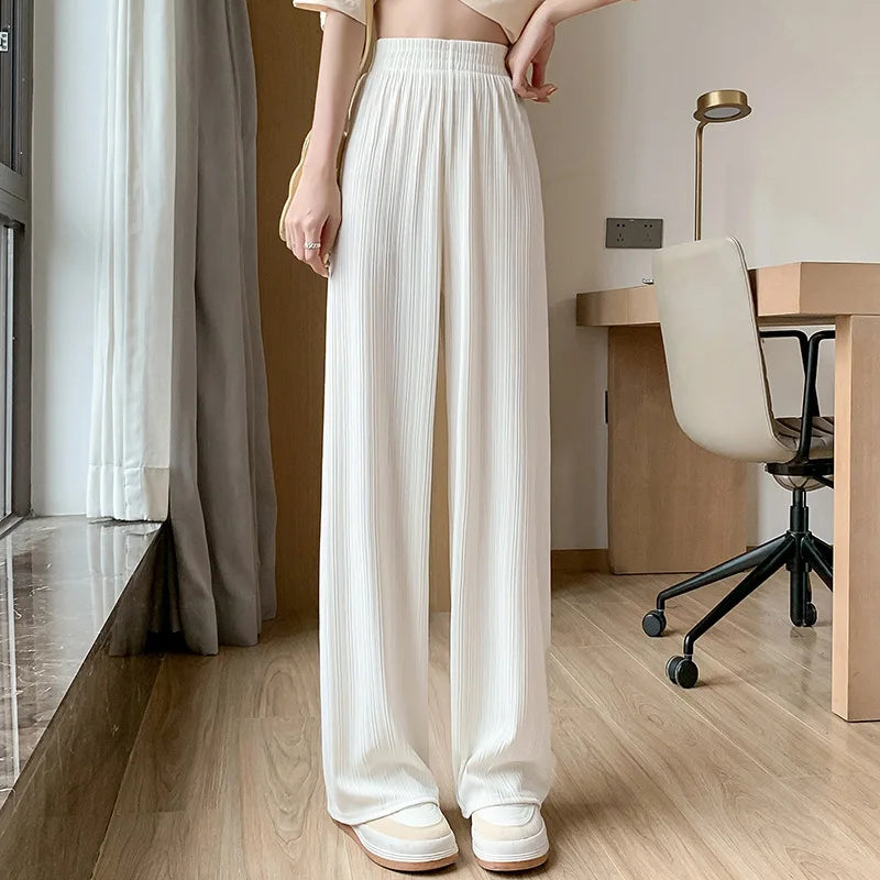 Korea Dongdaemun Ice Silk Wide-leg Pants Women's Thin Slimming Floor Pants White Striped Pants Y2K Fashion Pants Baggy (Available)