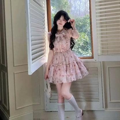 New Coquette Floral Mini Dress Women Sweet Bow Ruffle Tiered Dress Y2K Fairycore Aesthetic Sleeveless Lace Trim Party Chic Dress