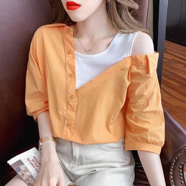 Sexy oulder Bared Fake Two-Piece irt Women's Summer New Faion Small Design ort Sve Top Korean Sle Loose Fit