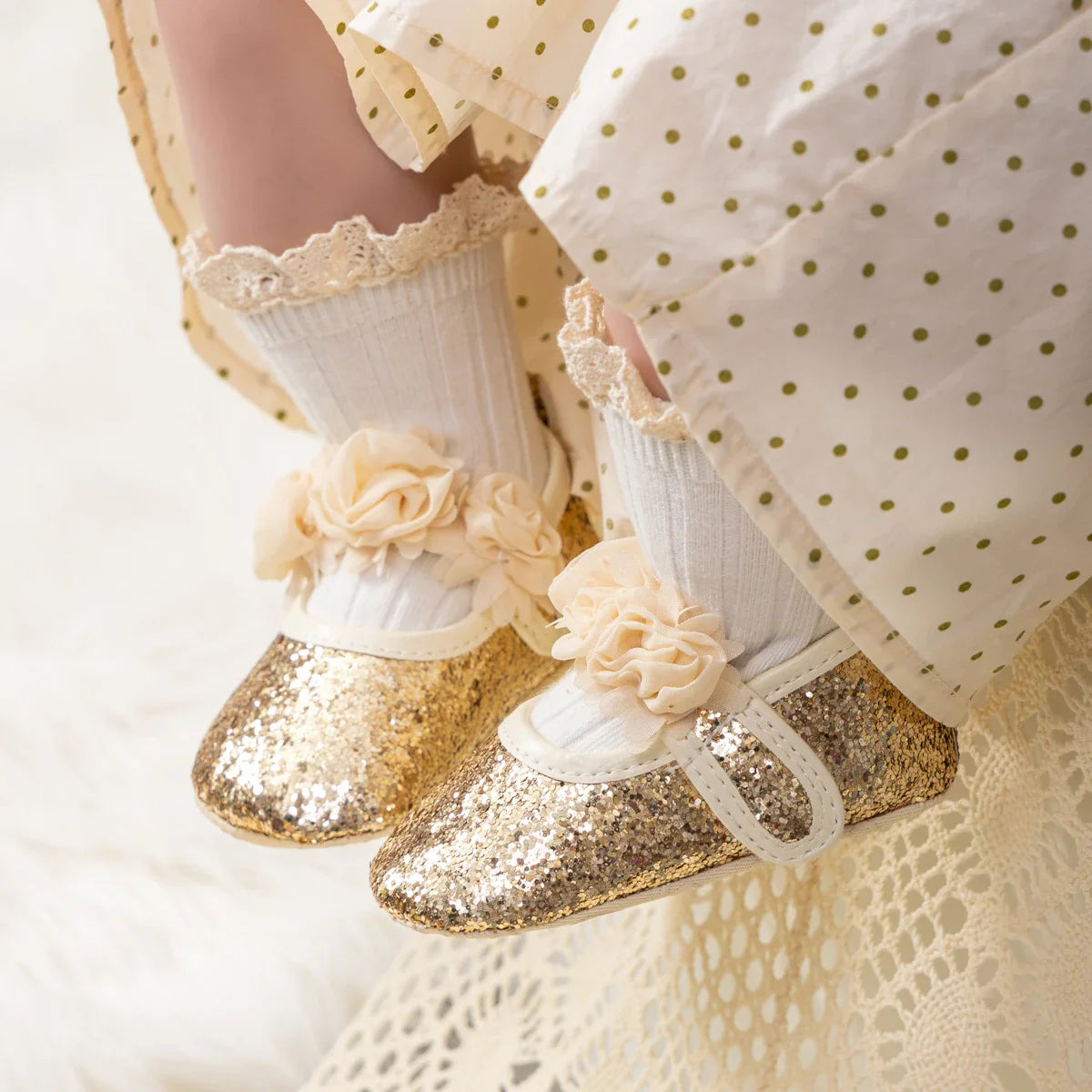 Gold Tie Cute Bow Flower Baby Princess Shoes Wedding Birthday Party Non-Slip Soft Sole Baby Toddler Shoes