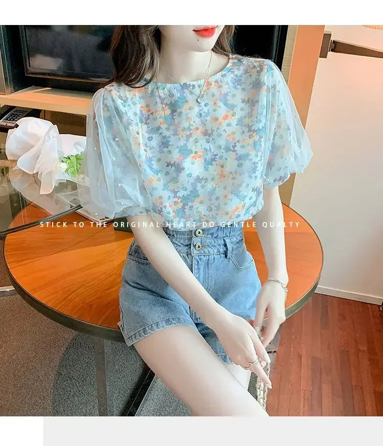 Floral Short-sleeved Chiffon Women's New Puff Sleeve Top Chic and Fashionable Shirt