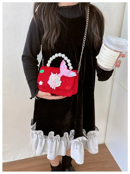 Sweet Bow Children's Small Square Shoulder Bag Sequin Lace Princess Girls Crossbody Bags Pearl Handle Coin Purse Handbags Gifts