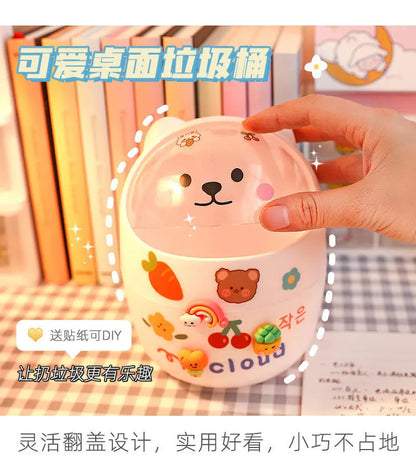 Mini Desktop Trash Can Organizer Cute Bear Multifunction Creative Cosmetic Bucket with Lid Pen Holder Kawaii Stickers Patchers