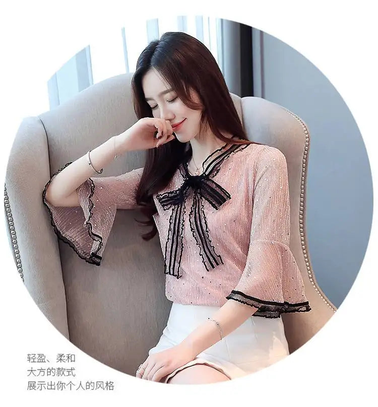 Chiffon Base Shirt with Mid Sleeves Versatile New Spring Sweet and Fashionable Korean Women's Top