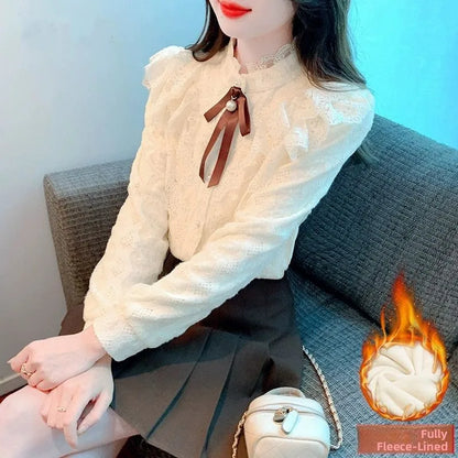 Women's Fce Lined Lace Blouse Thiened Autumn Winter Faion Inner Wear  Knot irt Stand Collar Regular Fit