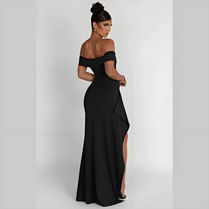 Elegant Evening Dress Pure Color Off-Shoulder Women's Sexy High Waist Side Slit Long Dress Formal Mcxi Women's Party Evening Dress