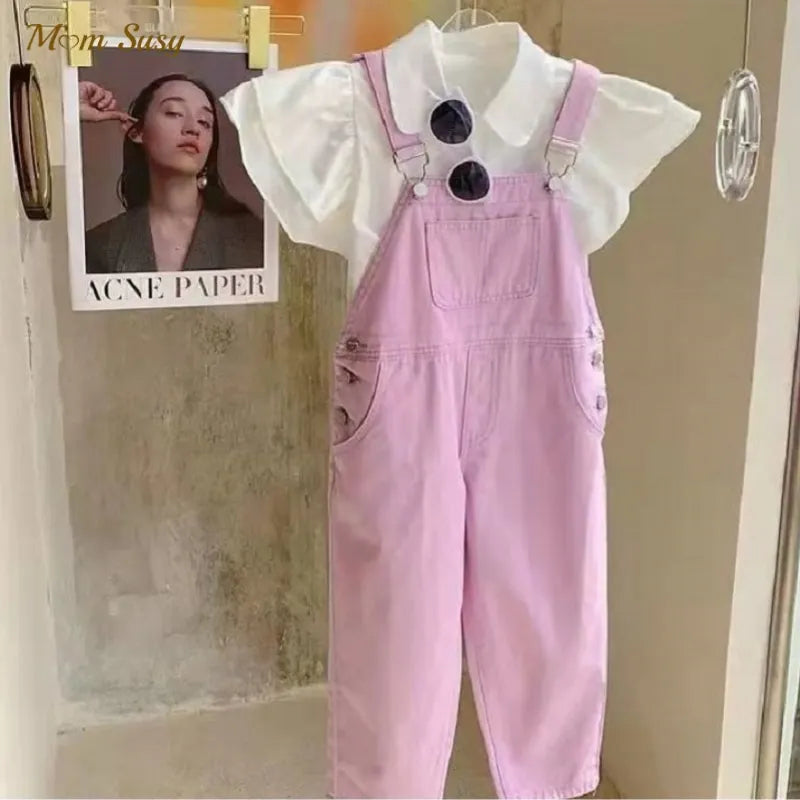 Baby Girl Denim Overalls Pant Pocket Fly Sleeve Shirt Toddler Teen Child Suspender Trousers Kid Dungaree Baby Clothes 3-14Y (Available)