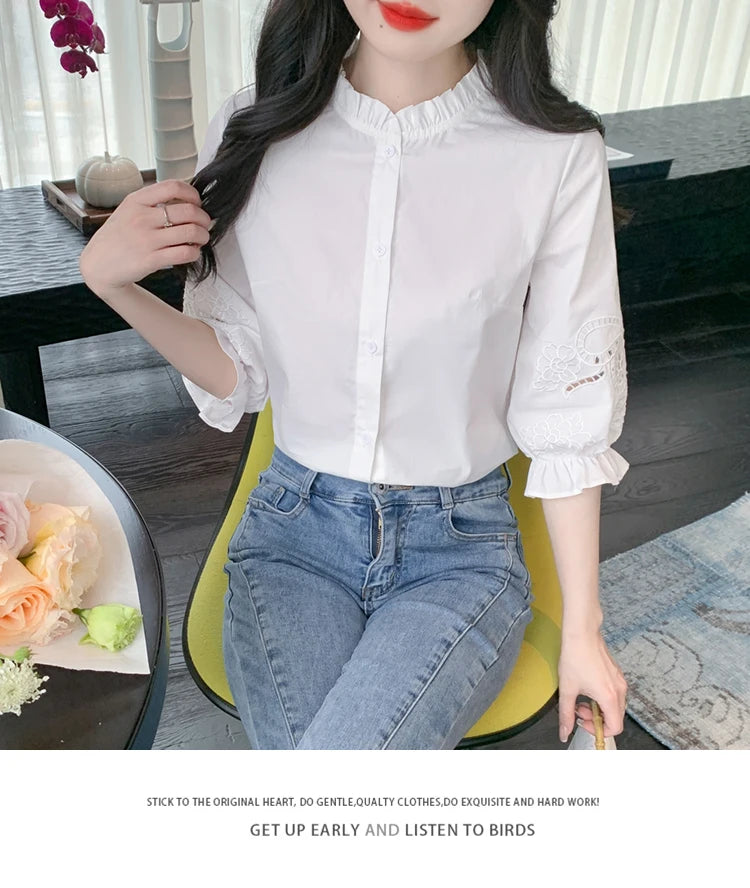 Ele Embroidered ort Sve irt Women's Summer New Design Korean Sle Commute Lantern Sve White irt for Ladies