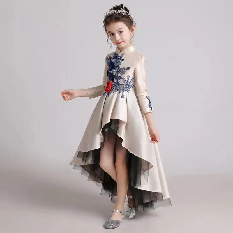 Girls' Fashion Evening Dress Children's Chinese Style Host Piano Performance Costume Dress Kids' Stand up Embroidered SkirtLI852 (Available)
