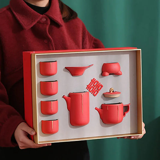 Traditional Chinese Tea Set, Porcelain Teapot, Stainless Steel, Tea Strainer, Cup, Bride and Groom Gifts, Traditional Red, Wed