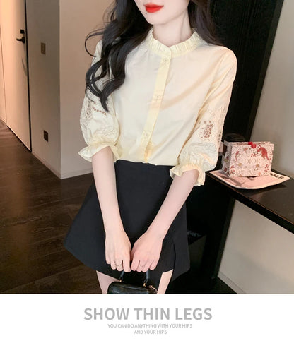 Ele Embroidered ort Sve irt Women's Summer New Design Korean Sle Commute Lantern Sve White irt for Ladies
