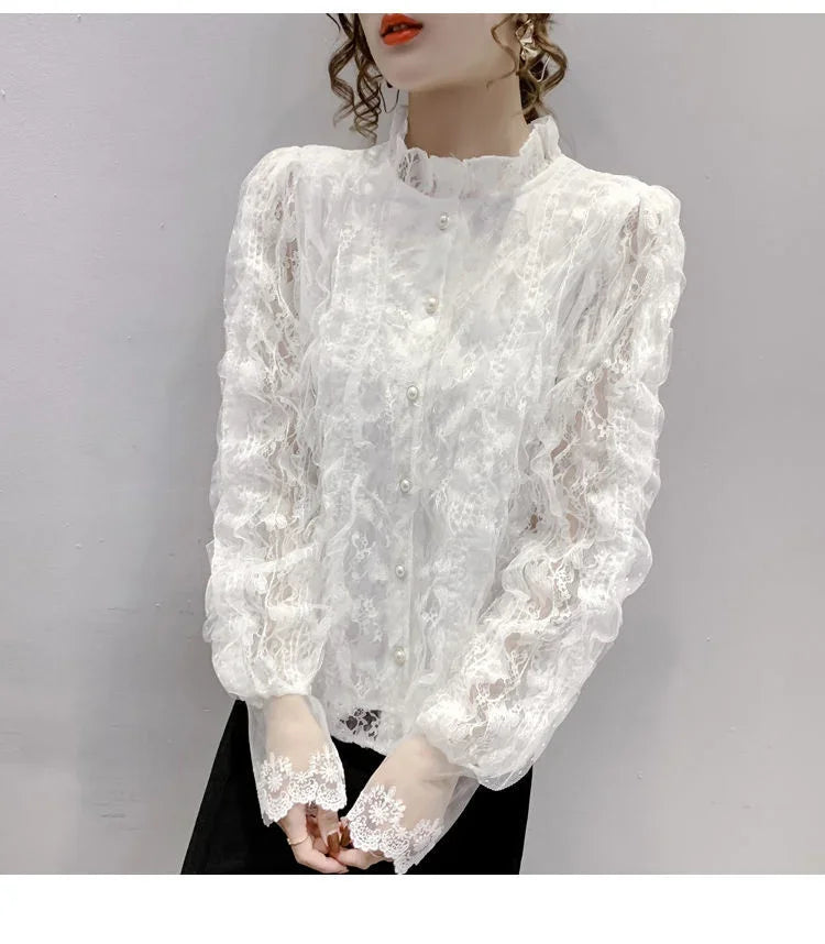Blouse Women Shirt Lace Long Sleeve Women's Clothing Spring Lantern Sleeve Stand Collar Cardigan Top Blusas Mujer De Moda