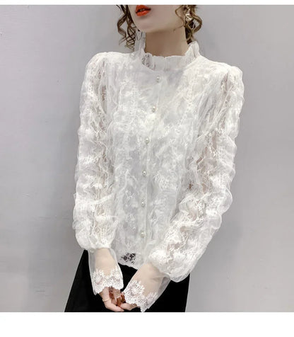 Blouse Women Shirt Lace Long Sleeve Women's Clothing Spring Lantern Sleeve Stand Collar Cardigan Top Blusas Mujer De Moda