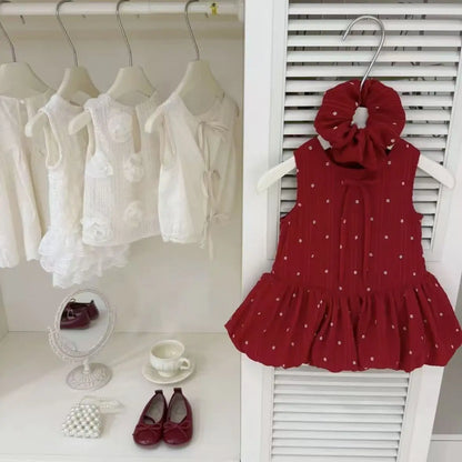 Girls Summer Dresses New Fashionable Casual Daily Sleeveless Floral Print Lightweight Red Bud Dress with Hair Band