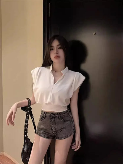 White V-Ne Slim Fit ort Sve T-irt Women's Summer New Sle Small Size Loose Faion Top Korean Sle Commute Wind