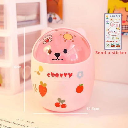 Mini Desktop Trash Can Organizer Cute Bear Multifunction Creative Cosmetic Bucket with Lid Pen Holder Kawaii Stickers Patchers