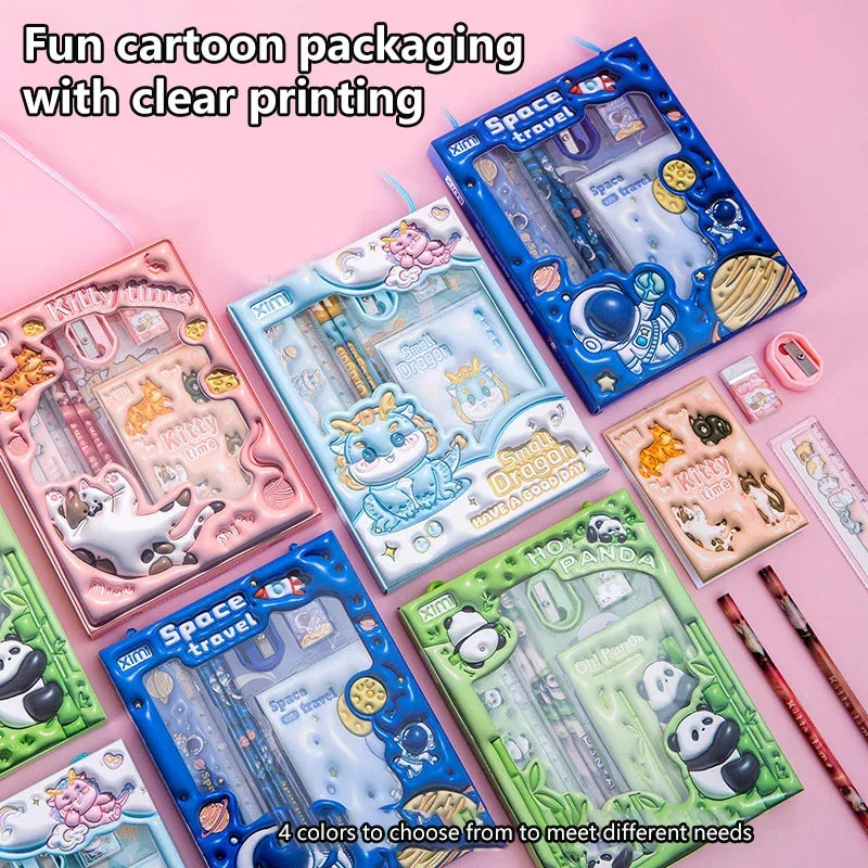 1 Set Cartoon Stationery Set Including Pencil Notebook Ruler Eraser Pencil Sharpener Student School Supplies Stationery Gifts
