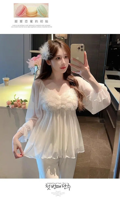 New Hot Luxury Elegant Long Sleeve Pajamas Set With Padded Bra Mesh Plus Size Women For Home Spring Autumn Summer Loungewear