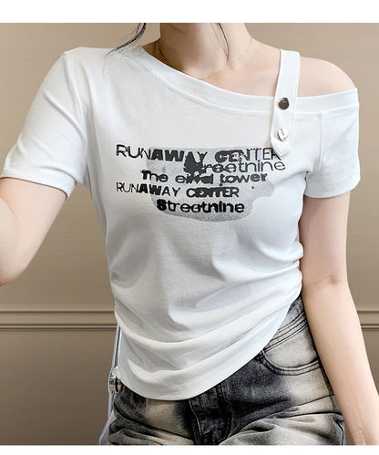 Sexy oulder Bared T irt Women's ort Sve Asymmetrical Collar Faionable Slimming Top Korean Sle Cotton Blend Summe...