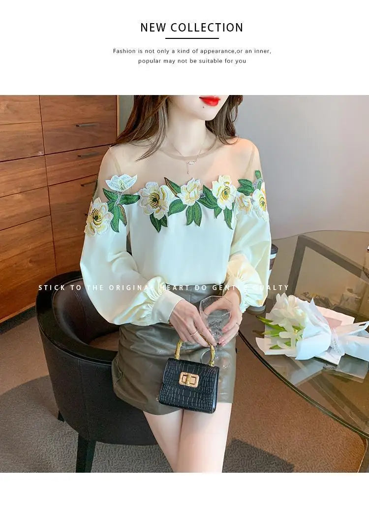 Fashion Women's Blouse Shirt Patchwork Long Sleeve Mesh Perspective Embroidered Flowers Chiffon Shirt Sexy Apricot Floral Shirt