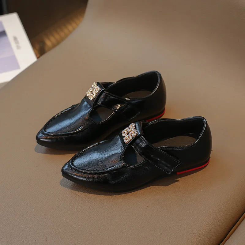 Fashion Girls' Shoes  Autumn New Kids Formal Pointed Leather Shoes Simple Versatile Girls' Rhinestone Casual Shoes Zapatos