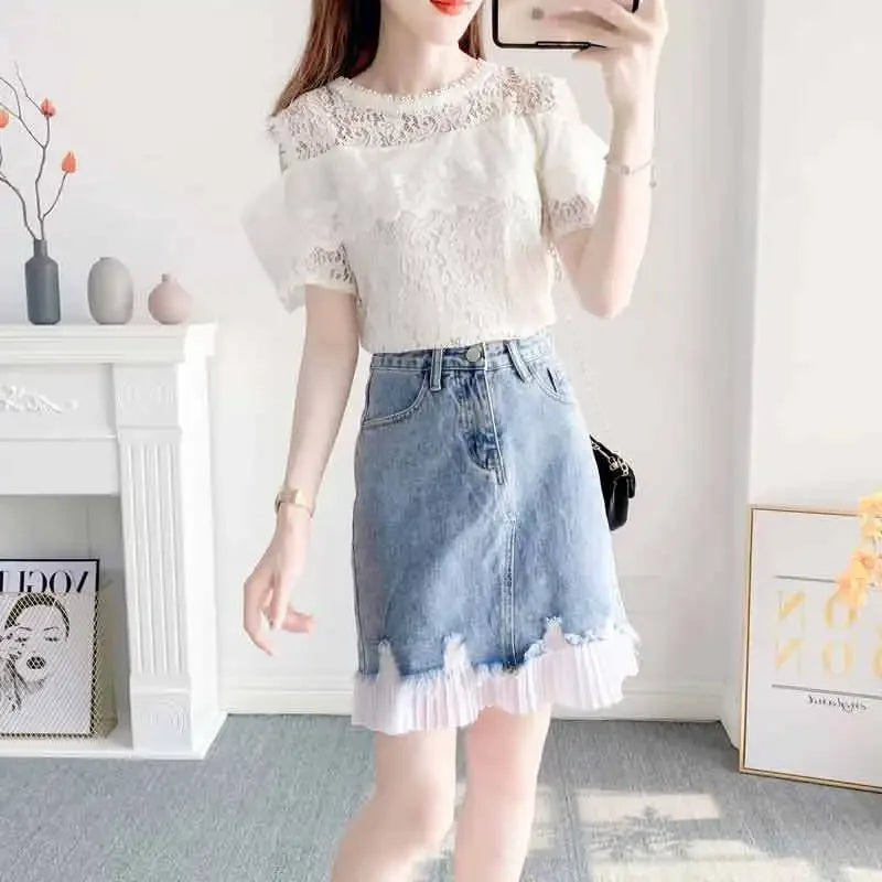 Short 2 Pieces Sets for Women Commuting Skirt White Mature Denim Sleeve Woman Outfit Blue Mini Kawaii Summer Fashion 2025 Full