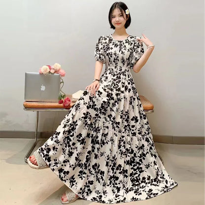 Summer New Cotton Silk Dr Casual High Waist Floral Print Beachwear Outerwear Slimming Waist Long Skirt A-Line Gown