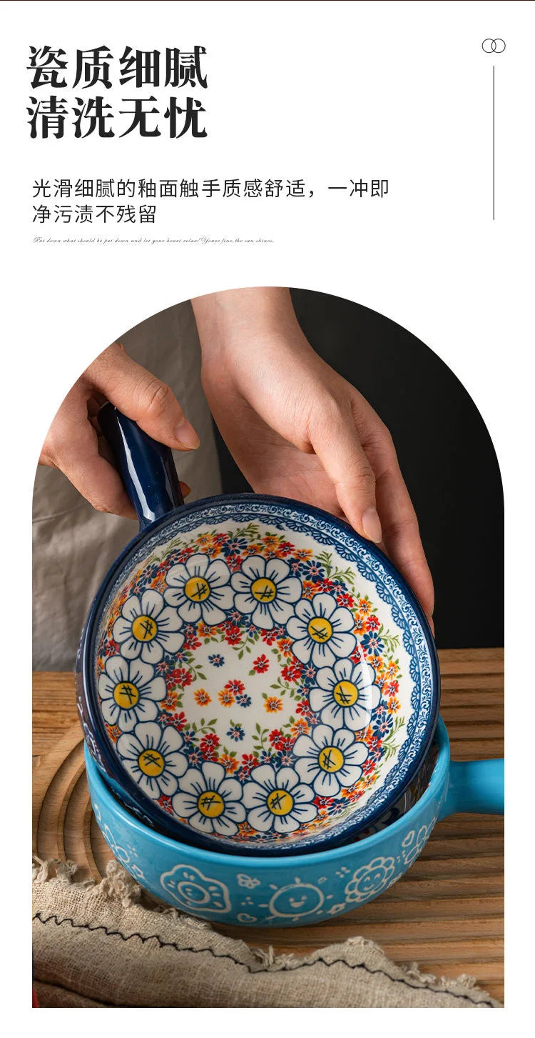 Single Handle Ceramic Noodle Bowl, Bohemian Design, Large Bowl, Creative Restaurant, Household Salad, Dessert Bowl, Home Decorat