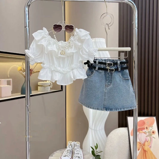 Girl's Clothing Sets Fashion Ruffled Top Short Sleeved T-shirt+ Baby Kids Denim Half Skirt Two-piece Set with Belt Included