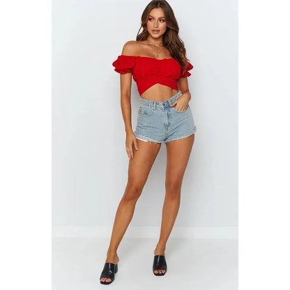 Sexy one line collar lantern short sleeved pleated women's top T-shirt summer pullover strapless fashion sweet top Y2K clothing