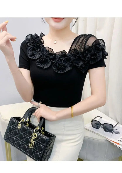 Faionable Floral Lace Ear ort Sve Slimming Me oulder Bared T-Shirt Women's Casual Sle Polyester Fabric Tee irt
