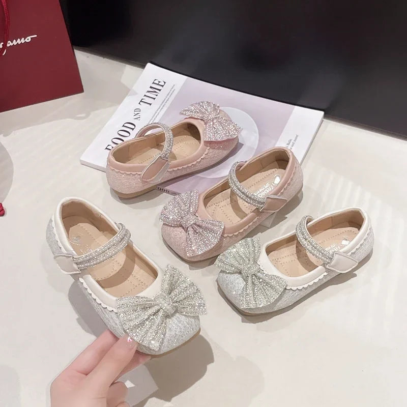 Children's Leather Shoes Bling Sequins Bowknot Princess Shoes for Girls Sweet Chic Kids Causal Wedding Shallow Versatile