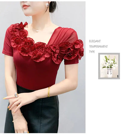 Faionable Floral Lace Ear ort Sve Slimming Me oulder Bared T-Shirt Women's Casual Sle Polyester Fabric Tee irt