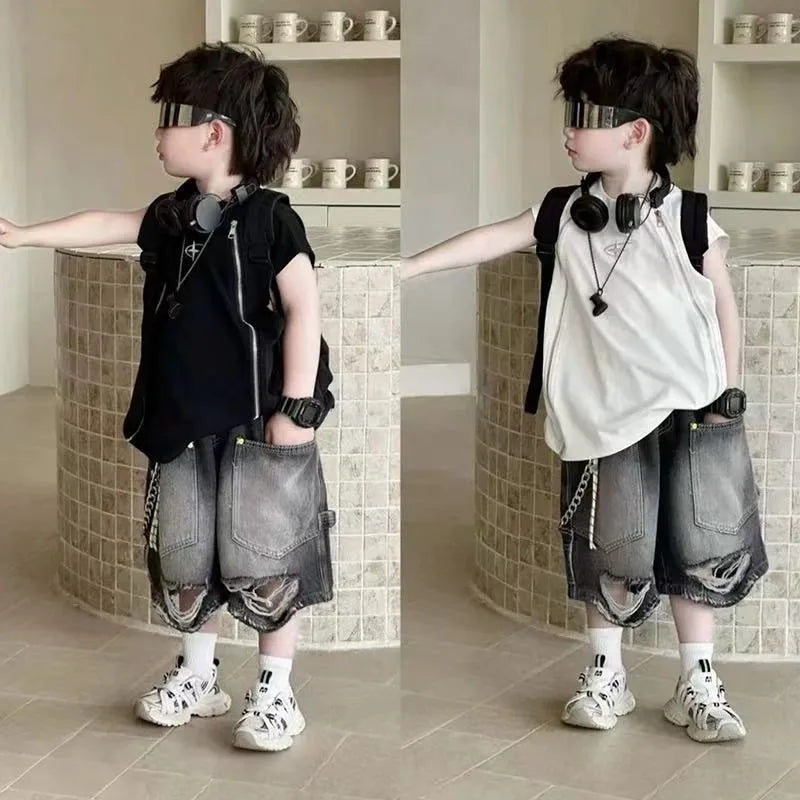 Boy Handsome Korean Version Sleeveless Vest + Retro Ripped Denim Shorts Two-piece Set Children's Casual Loose Set