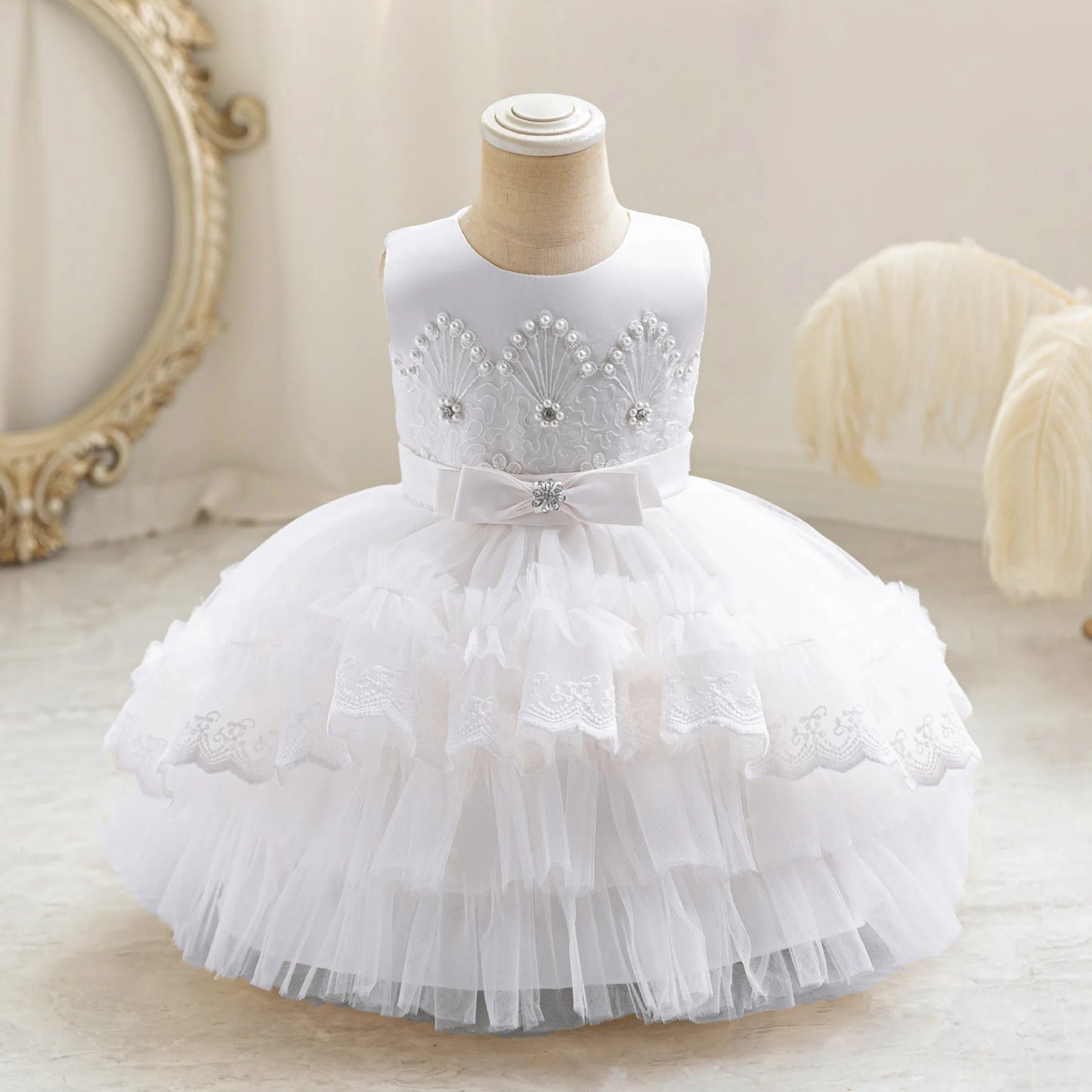 Party Dresses For Girl Formal Prom Wedding Dress Beaded Embroidery Mesh Princess Dress For Infant Baby 1st Birthday Baptism Gown