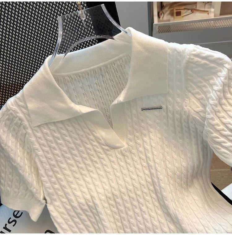 White  irt ort Sve Knitted Top Women's oulder Straight Summer T-irt Commute Sle Korean Version Straight Tube