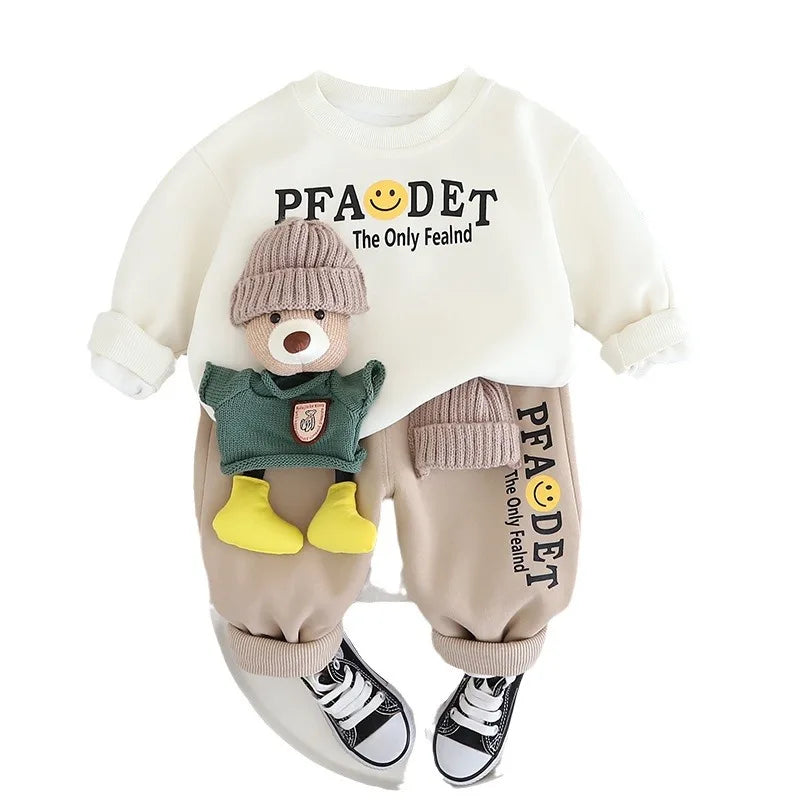 New Boys' Autumn Set Children's Wear Handsome Boys' Winter Plush Thickened Sweater Two Piece Set baby clothes