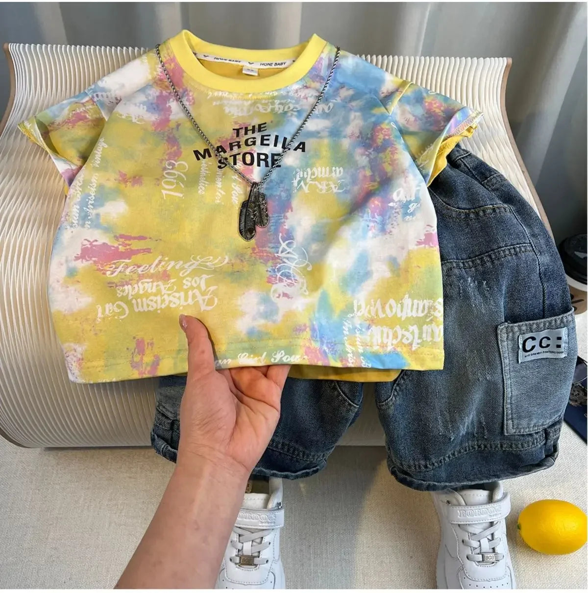 New Boys Fashion Summer Cotton Letter Printing T-shirts+Graffiti Denim Shorts 2pcs Set Kids Korean Outfits Sets Children Clothes