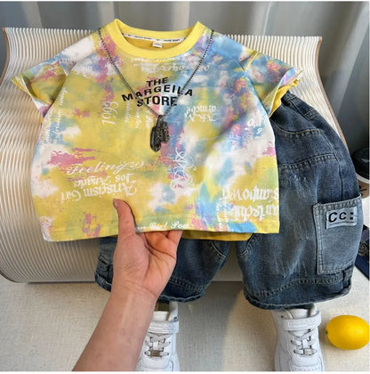 Hot Sale Fashion Baby Boy Suit Summer Clothes Short Sleeve T-shirt Short Jeans 2 Piece Set Kids Outfit Children's Costume