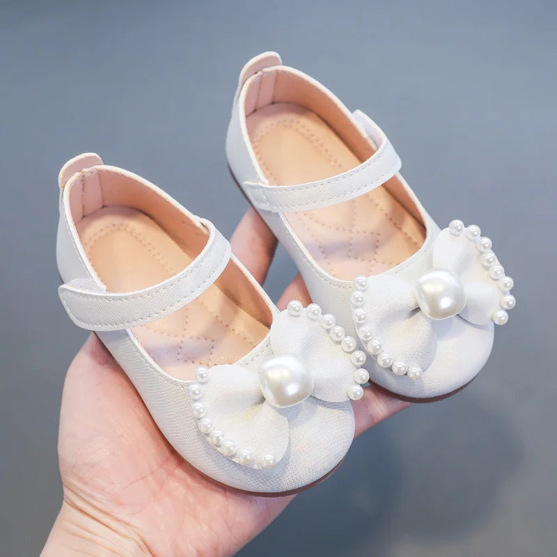 Girl's Leather Shoes Casual Simple Bowtie with Pearls 2024 New Flat Shoes Soft Sole Baby Kids Dress Shoes Children Party Flats